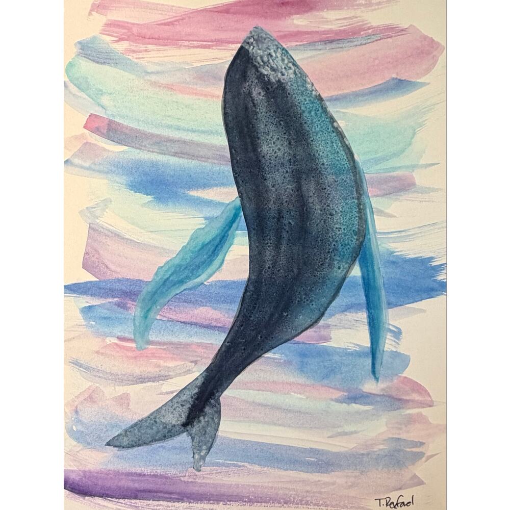 Hand painted watercolor original painting whale underwater ocean